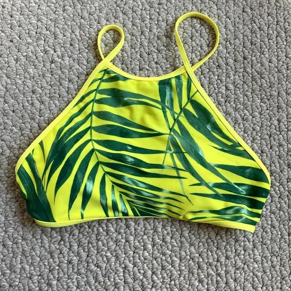 Aerie Neon Yellow Green Palm Tree High Neck Criss Cross Back Bikini Top